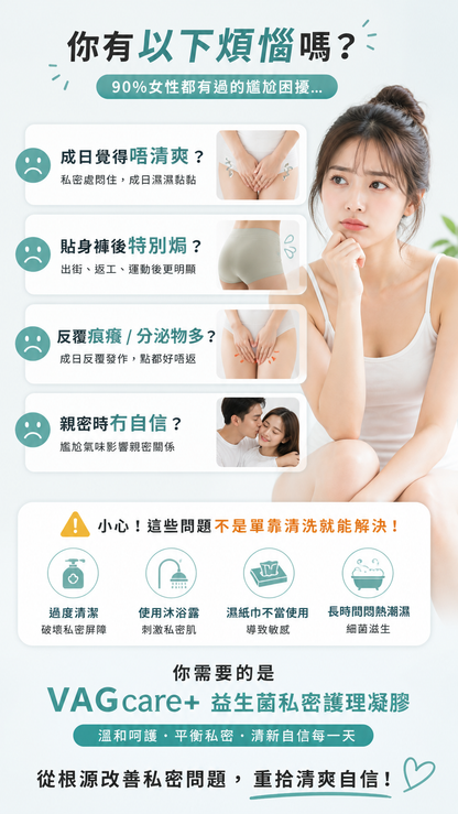 韓國VAGcare+益生菌女性私密護理凝膠〖 減少99%念珠菌， 舒緩陰道不適，除異味，提升彈性，改善暗沉，強效保濕〗